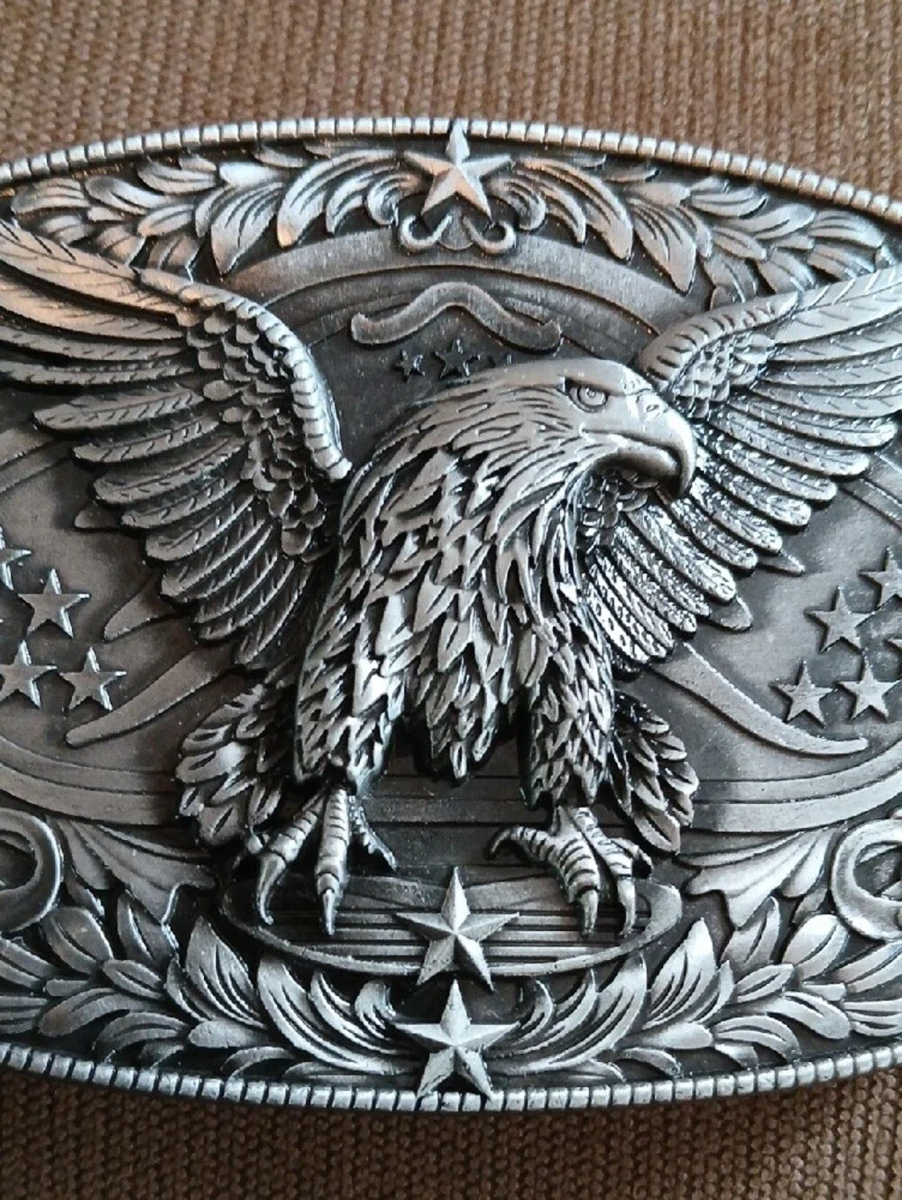 Eagle Motif Western Belt Buckle - Antique Silver Tone 3x5 Excellent